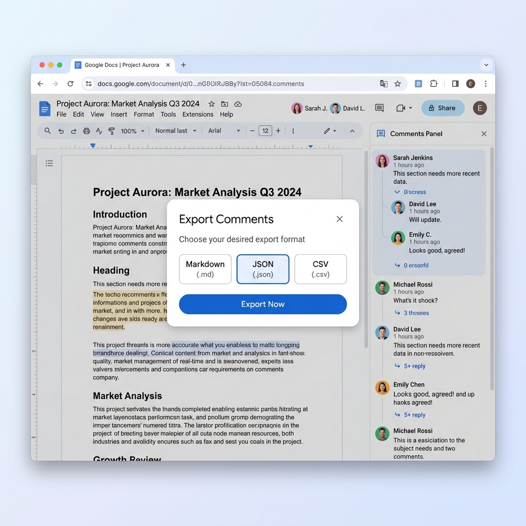 Docs Comment Exporter showing a comment export dialog