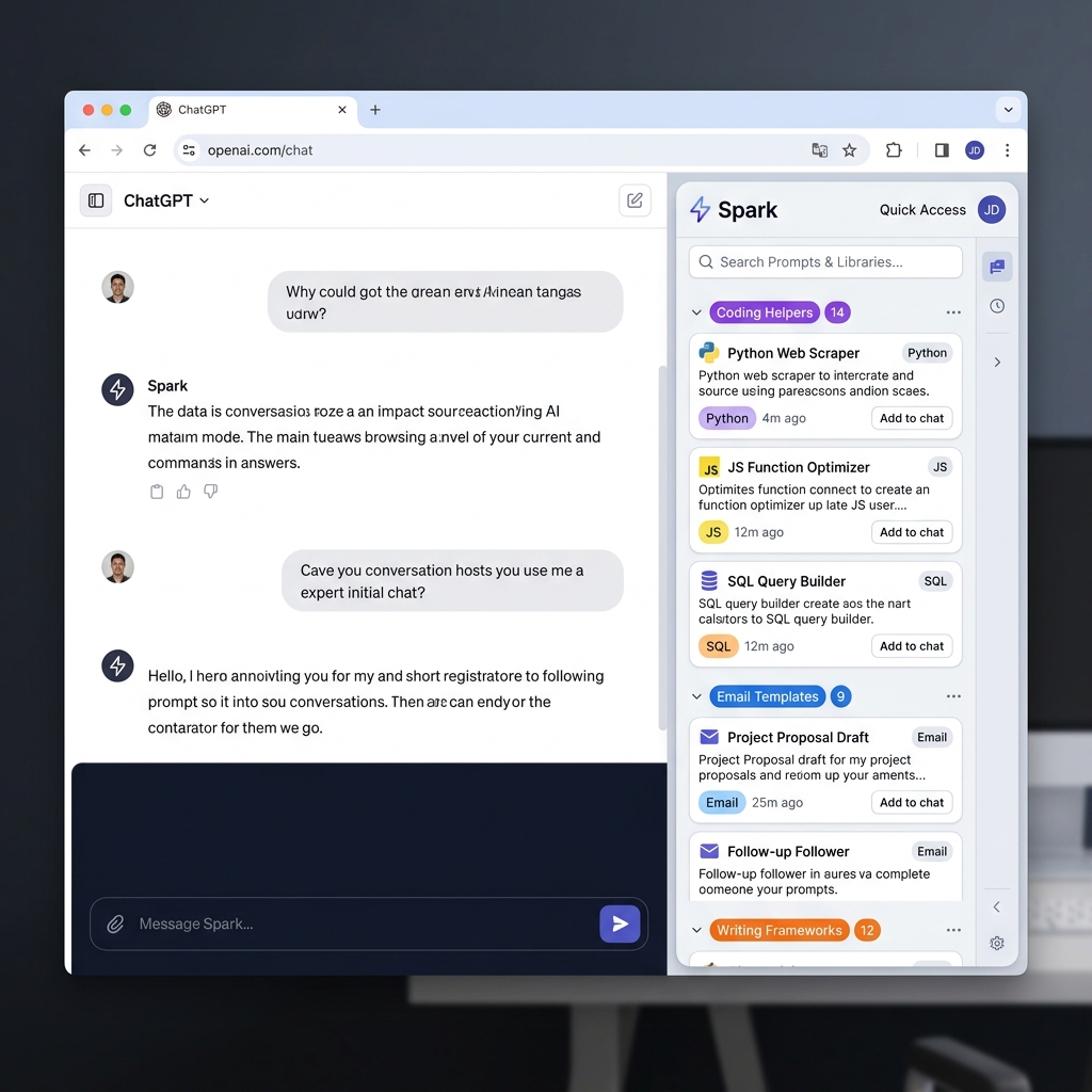 Spark extension sidebar showing an organised AI prompt library